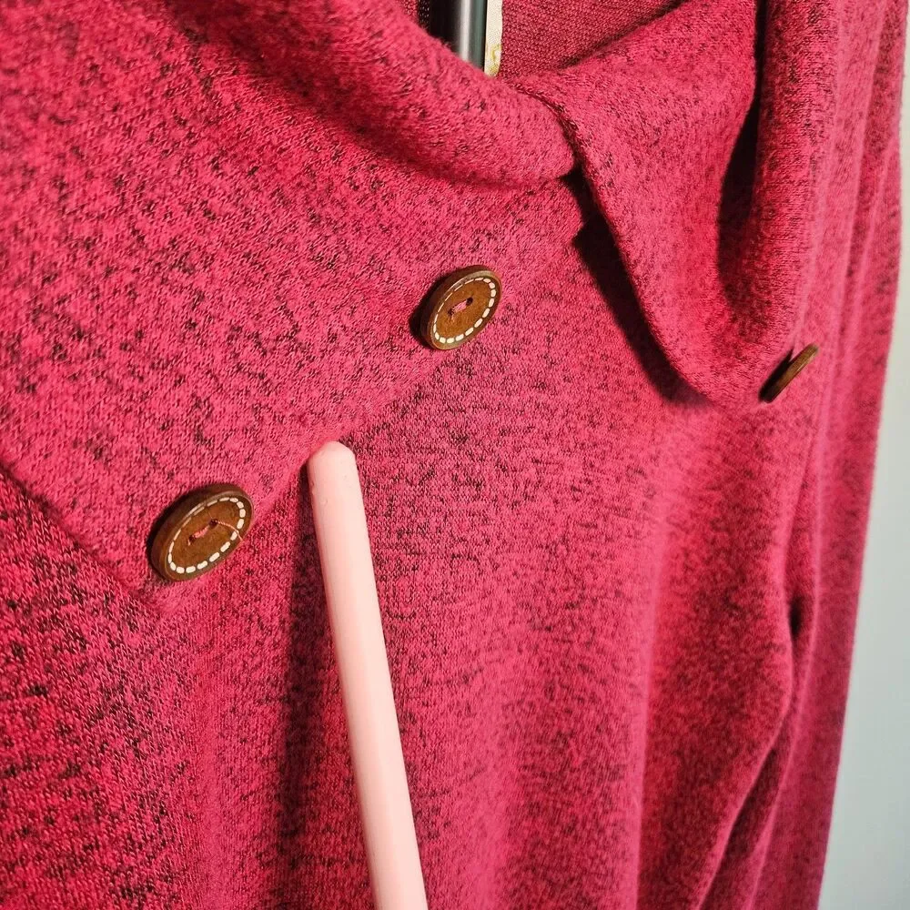 Misia Womens Large Pink Cowl Neck Sweater Tunic Button Accent Soft Stretch Top‎